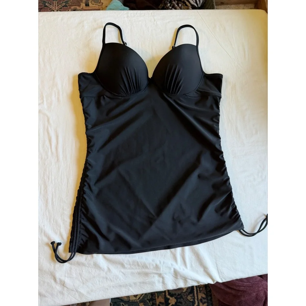 Love Your Assets Spanx Black Ruched Tankini Top Underwire XL beach vacation